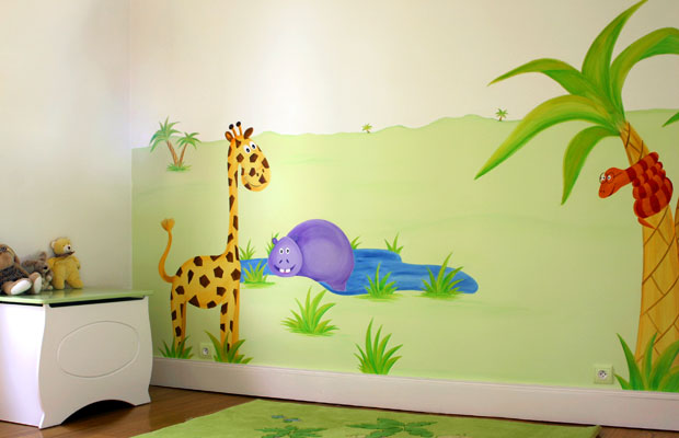 Sabine Design - Sabine-Design - Peintures - Fresques murales enfants -  Decors chambre bebe - Décoration murale - peinture sur murs c deco Oasis au  coeur de la jungle - Fresque chambre enfant